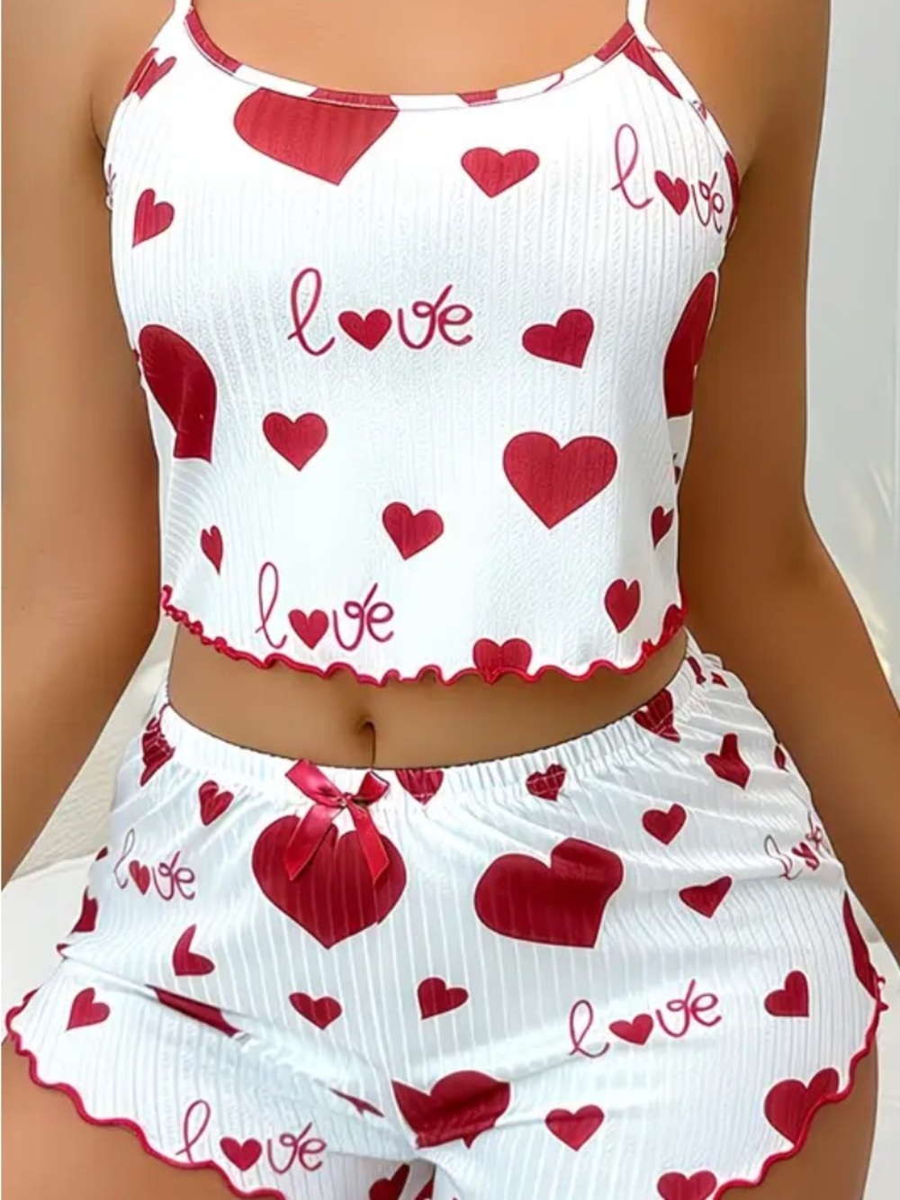 Women's White and Red Heart-Print Pajama Set by